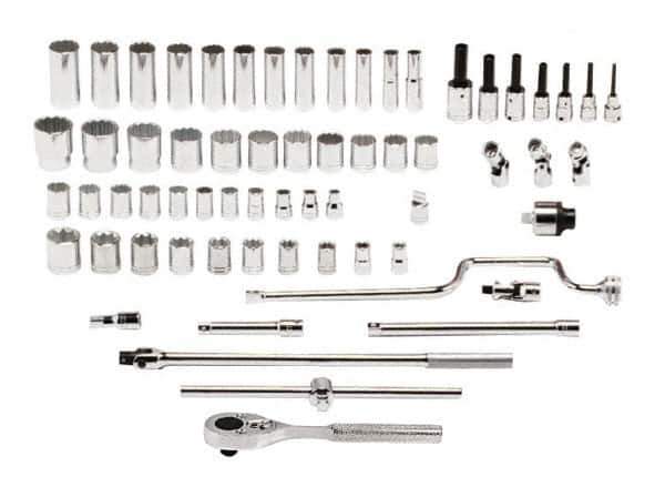 Proto - 65 Piece 1/2" Drive Standard Deep Socket Set - 8 & 12 Points, 3/8 to 1-1/2", Inch Measurement Standard - Eagle Tool & Supply