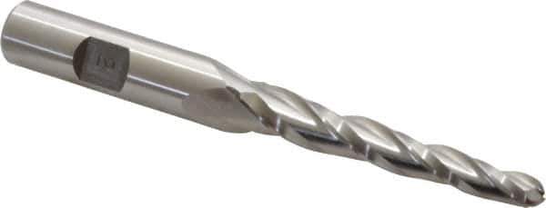 Made in USA - 2° Taper Angle per Side, 1/4" Small End Diam, 2-1/4" LOC, High Speed Steel 3 Flute Tapered Ball End Mill - 4-1/4" OAL, 1/2" Shank Diam - Eagle Tool & Supply