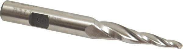 Made in USA - 5° Taper Angle per Side, 1/8" Small End Diam, 1-1/2" LOC, High Speed Steel 3 Flute Tapered Ball End Mill - 3-1/4" OAL, 3/8" Shank Diam - Eagle Tool & Supply