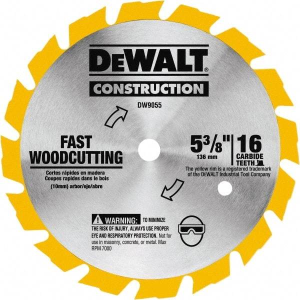 DeWALT - 5-3/8" Diam, 0.3937" Arbor Hole Diam, 16 Tooth Wet & Dry Cut Saw Blade - Tungsten Carbide-Tipped, Fast Cutting Action, Diamond Arbor - Eagle Tool & Supply