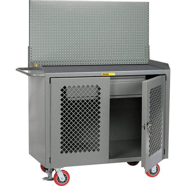 Little Giant - 3,600 Lb Capacity, 2 Shelf, 1 Drawer, 2 Door Mobile Bench Cabinet with Pegboard Panel - 41" Wide x 24" Deep x 43" High, Steel, Gray - Eagle Tool & Supply