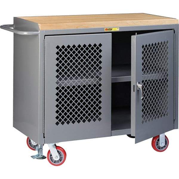 Little Giant - 3,600 Lb Capacity, 3 Shelf, 2 Door Mobile Cabinet Bench - 41" Wide x 24" Deep x 43" High, Steel, Gray - Eagle Tool & Supply