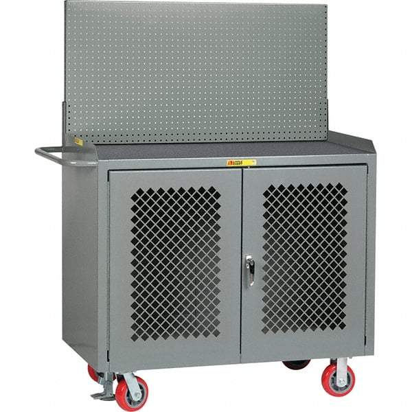 Little Giant - 3,600 Lb Capacity, 2 Shelf, 2 Door Mobile Bench Cabinet with Pegboard Panel - 53" Wide x 24" Deep x 43" High, Steel, Gray - Eagle Tool & Supply