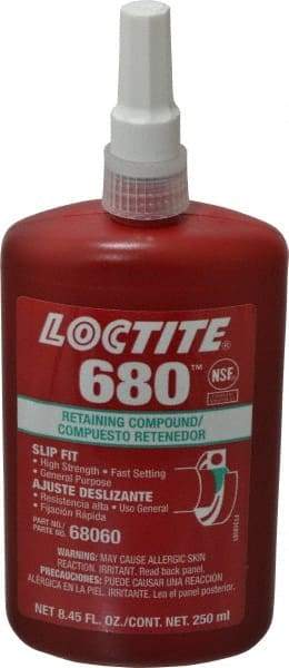 Loctite - 250 mL Bottle, Green, High Strength Liquid Retaining Compound - Series 680, 24 hr Full Cure Time, Hand Tool Removal - Eagle Tool & Supply