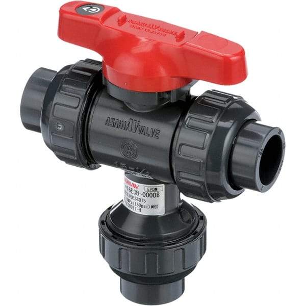 Asahi/America - 1" Pipe, Full Port, PVC Multiport Ball Valve - Three Way, Socket Ends, Tee Handle - Eagle Tool & Supply