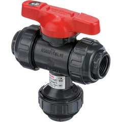 Asahi/America - 1-1/4" Pipe, Full Port, PVC Multiport Ball Valve - Three Way, Threaded Ends, Tee Handle - Eagle Tool & Supply