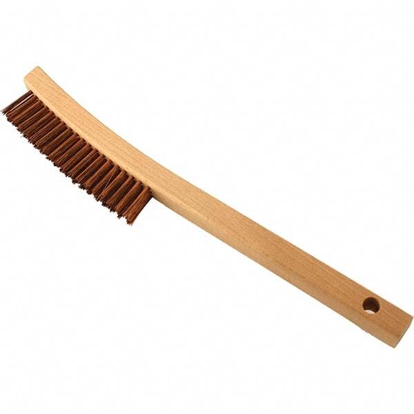 Brush Research Mfg. - 3 Rows x 19 Columns Bronze Scratch Brush - 5-3/4" Brush Length, 13-3/4" OAL, 1-1/8 Trim Length, Wood Curved Back Handle - Eagle Tool & Supply