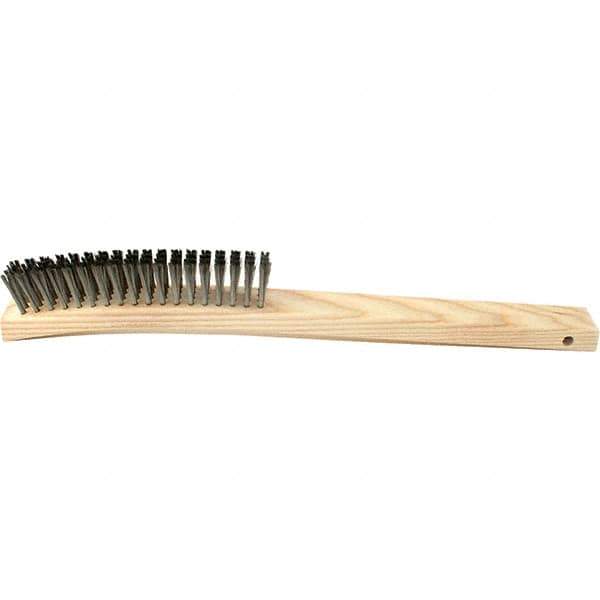 Brush Research Mfg. - 4 Rows x 19 Columns Stainless Steel Scratch Brush - 5-3/4" Brush Length, 14" OAL, 1 Trim Length, Wood Curved Back Handle - Eagle Tool & Supply