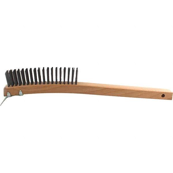 Brush Research Mfg. - 4 Rows x 19 Columns Steel Scratch Brush - 5-3/4" Brush Length, 14" OAL, 1-1/8 Trim Length, Wood Curved Back Handle - Eagle Tool & Supply