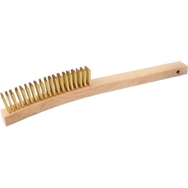 Brush Research Mfg. - 4 Rows x 19 Columns Brass Scratch Brush - 5-3/4" Brush Length, 13-3/4" OAL, 1-1/8 Trim Length, Wood Curved Back Handle - Eagle Tool & Supply