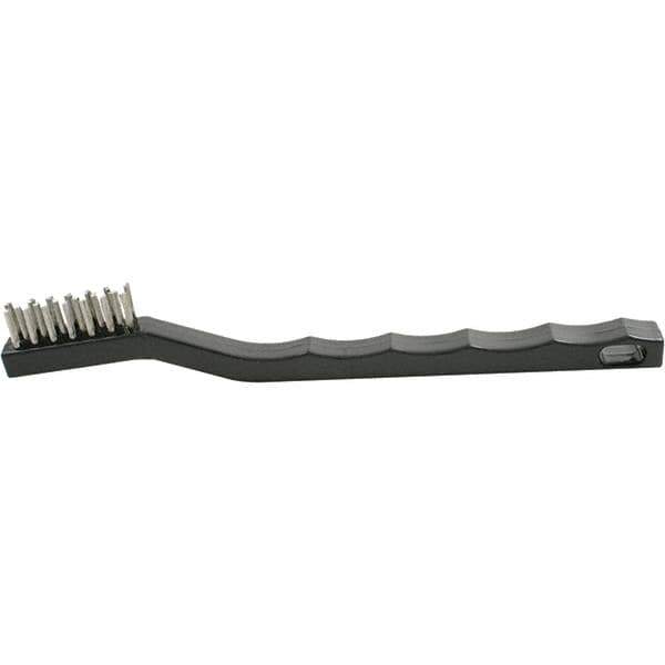Brush Research Mfg. - 2 Rows x 7 Columns Stainless Steel Scratch Brush - 1/2" Brush Length, 7-1/4" OAL, 1/2 Trim Length, Plastic Curved Back Handle - Eagle Tool & Supply