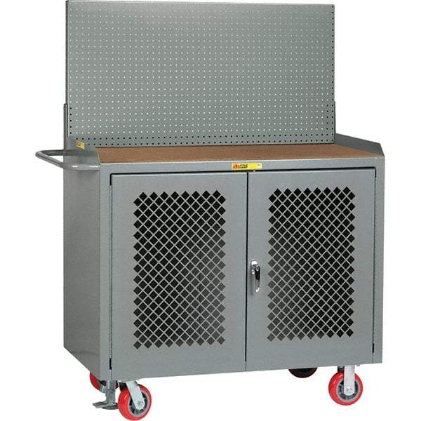 Little Giant - 3,600 Lb Capacity, 2 Shelf, 2 Door Mobile Bench Cabinet with Pegboard Panel - 53" Wide x 24" Deep x 43" High, Steel, Gray - Eagle Tool & Supply