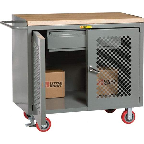 Little Giant - 3,600 Lb Capacity, 2 Shelf, 1 Drawer, 2 Door Mobile Cabinet Bench - 41" Wide x 24" Deep x 43" High, Steel, Gray - Eagle Tool & Supply