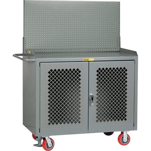 Little Giant - 3,600 Lb Capacity, 2 Shelf, 2 Door Mobile Bench Cabinet with Pegboard Panel - 53" Wide x 24" Deep x 43" High, Steel, Gray - Eagle Tool & Supply