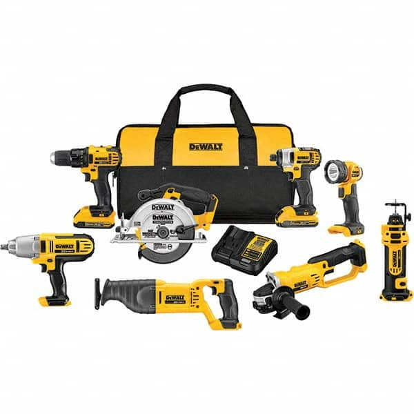 DeWALT - Cordless Tool Combination Kits Voltage: 20 Tools: 1/2" Compact Drill/Driver; 1/4" Impact Driver; 6-1/2 Circular Saw; Reciprocating Saw; 4-1/2"/ 5'' Grinder; Drywall Cut-Out Tool; 1/2" High Torque Impact Wrench; LED Work Light - Eagle Tool & Supply