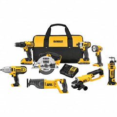 DeWALT - Cordless Tool Combination Kits Voltage: 20 Tools: 1/2" Compact Drill/Driver; 1/4" Impact Driver; 6-1/2 Circular Saw; Reciprocating Saw; 4-1/2"/ 5'' Grinder; Drywall Cut-Out Tool; 1/2" High Torque Impact Wrench; LED Work Light - Eagle Tool & Supply