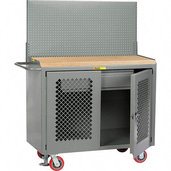 Little Giant - 3,600 Lb Capacity, 2 Shelf, 1 Drawer, 2 Door Mobile Bench Cabinet with Pegboard Panel - 41" Wide x 24" Deep x 43" High, Steel, Gray - Eagle Tool & Supply