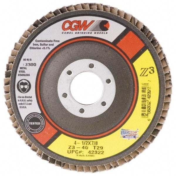 Camel Grinding Wheels - 36 Grit, 7" Disc Diam, 5/8-11 Center Hole, Type 29 Zirconia Alumina Flap Disc - 8,600 Max RPM, Poly Cotton Backing, Arbor Attaching System, Coated - Eagle Tool & Supply