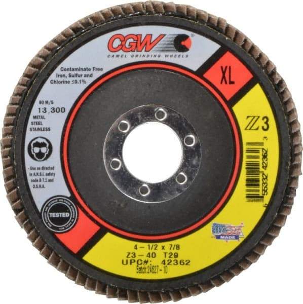 Camel Grinding Wheels - 40 Grit, 4-1/2" Disc Diam, 7/8" Center Hole, Type 29 Zirconia Alumina Flap Disc - 13,300 Max RPM, Poly Cotton Backing, Arbor Attaching System, Coated - Eagle Tool & Supply