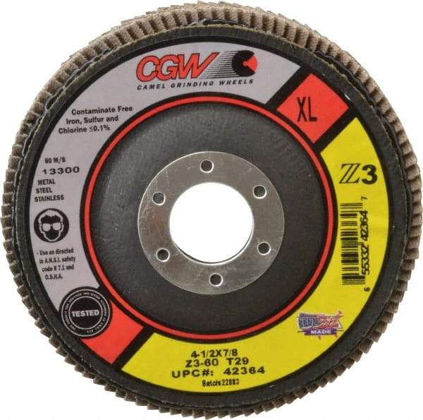 Camel Grinding Wheels - 60 Grit, 4-1/2" Disc Diam, 7/8" Center Hole, Type 29 Zirconia Alumina Flap Disc - 13,300 Max RPM, Poly Cotton Backing, Arbor Attaching System, Coated - Eagle Tool & Supply