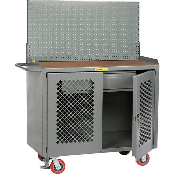 Little Giant - 3,600 Lb Capacity, 2 Shelf, 1 Drawer, 2 Door Mobile Bench Cabinet with Pegboard Panel - 41" Wide x 24" Deep x 43" High, Steel, Gray - Eagle Tool & Supply