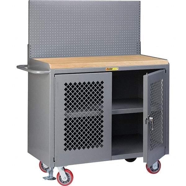 Little Giant - 3,600 Lb Capacity, 3 Shelf, 2 Door Mobile Bench Cabinet with Pegboard Panel - 41" Wide x 24" Deep x 43" High, Steel, Gray - Eagle Tool & Supply