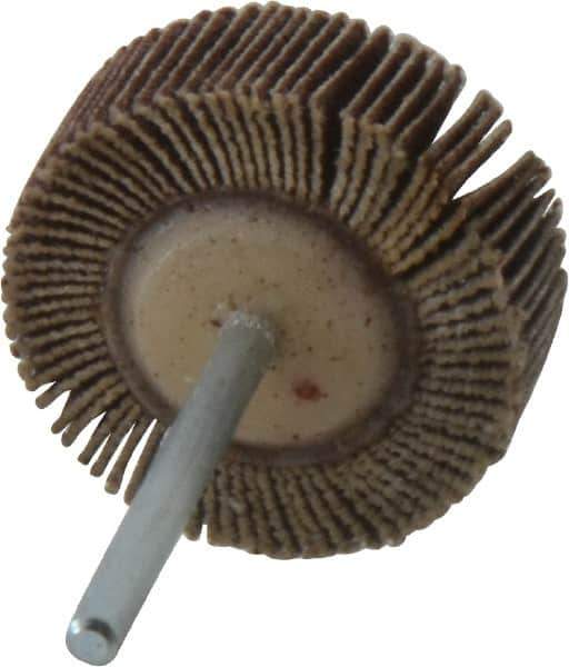 Merit Abrasives - 1-3/16" Diam x 3/8" Face Width, Fine Aluminum Oxide Coated Mounted Flap Wheel - 1/8" Shank Mount, 120 Grit, Cloth Backing, 30,000 Max RPM - Eagle Tool & Supply