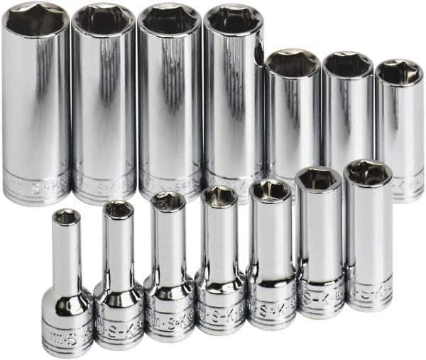 SK - 14 Piece 3/8" Drive Tethered Thin Wall Deep Socket Set - 6 Points, 6 to 19mm, Metric Measurement Standard - Eagle Tool & Supply