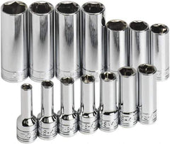SK - 14 Piece 3/8" Drive Tethered Thin Wall Deep Socket Set - 6 Points, 6 to 19mm, Metric Measurement Standard - Eagle Tool & Supply