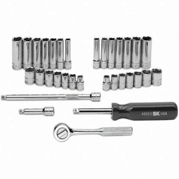 SK - 1/4" Drive Standard Deep Socket Set - 1/4 to 1/2", 6 to 12mm, Inch/Metric Measurement Standard - Eagle Tool & Supply