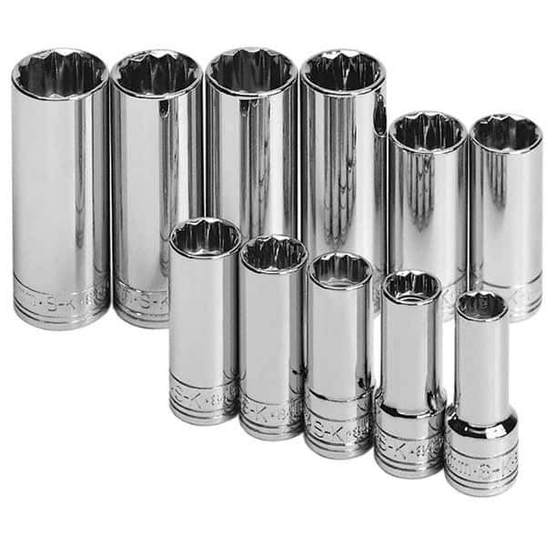 SK - 11 Piece 3/8" Drive Deep Well Socket Set - 12 Points, 9mm to 19mm Range, Metric Measurement Standard - Eagle Tool & Supply