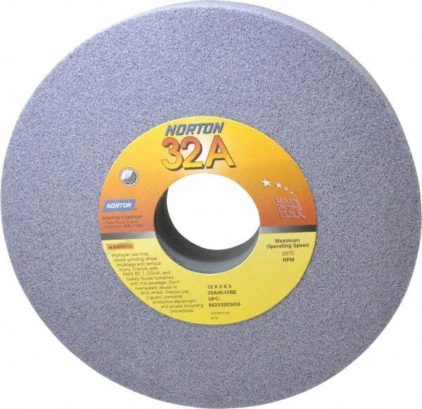 Norton - 12" Diam x 3" Hole x 2" Thick, I Hardness, 46 Grit Surface Grinding Wheel - Aluminum Oxide, Type 1, Coarse Grade, 2,070 Max RPM, Vitrified Bond, No Recess - Eagle Tool & Supply