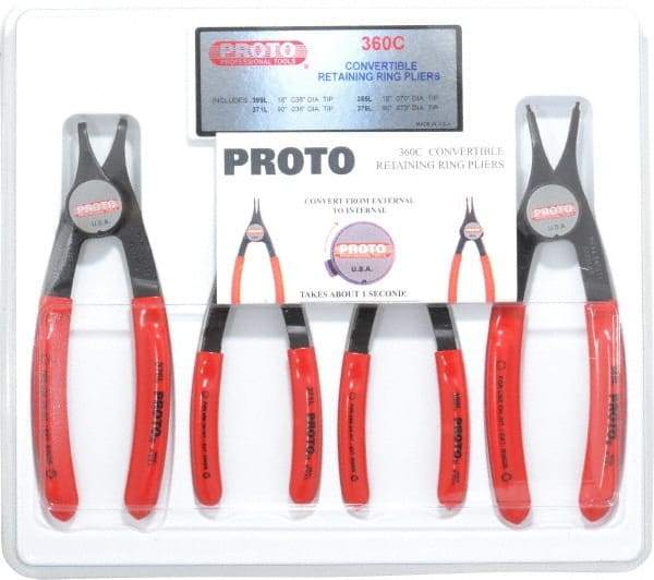 Proto - 4 Piece, 3/8 to 2" Bore, 1/4 to 2" Shaft, Convertible Retaining Ring Pliers Set - 0.038 to 0.07" Tip Diam Range - Eagle Tool & Supply