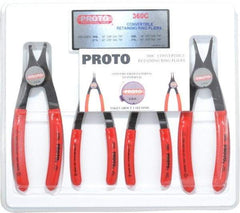 Proto - 4 Piece, 3/8 to 2" Bore, 1/4 to 2" Shaft, Convertible Retaining Ring Pliers Set - 0.038 to 0.07" Tip Diam Range - Eagle Tool & Supply