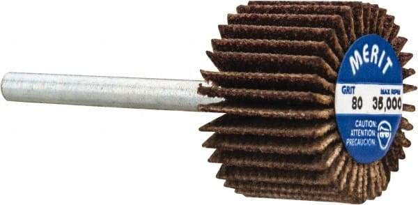 Merit Abrasives - 3/4" Diam x 1/2" Face Width, Medium Aluminum Oxide Coated Mounted Flap Wheel - 1/8" Shank Mount, 80 Grit, Cloth Backing, 35,000 Max RPM - Eagle Tool & Supply