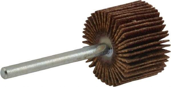 Merit Abrasives - 3/4" Diam x 1/2" Face Width, Fine Aluminum Oxide Coated Mounted Flap Wheel - 1/8" Shank Mount, 120 Grit, Cloth Backing, 35,000 Max RPM - Eagle Tool & Supply