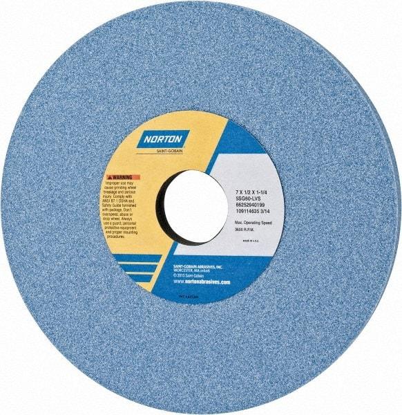 Norton - 7" Diam x 1-1/4" Hole x 1/2" Thick, L Hardness, 60 Grit Surface Grinding Wheel - Ceramic, Type 1, Medium Grade, 3,600 Max RPM, Vitrified Bond, No Recess - Eagle Tool & Supply