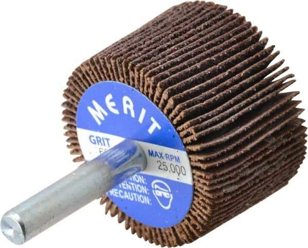 Merit Abrasives - 1-1/2" Diam x 1" Face Width, Medium Ceramic Alumina Coated Mounted Flap Wheel - 1/4" Shank Mount, 60 Grit, Cloth Backing, 25,000 Max RPM - Eagle Tool & Supply