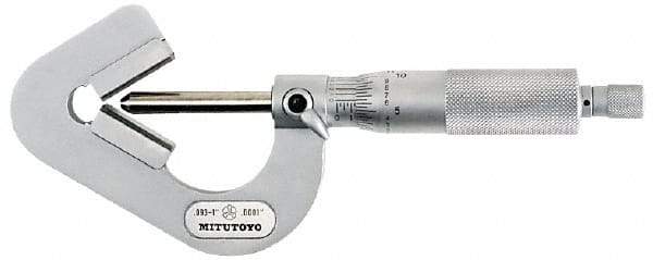 Mitutoyo - 0.05 to 0.6 Inch Measurement, 0.001 Inch Graduation, Accuracy Up to 0.0002 Inch, 3 Flutes Measured, Ratchet Stop Thimble, Mechanical V Anvil Micrometer - 6.35mm Spindle Diameter, Carbide, 23.46mm Throat Depth - Eagle Tool & Supply