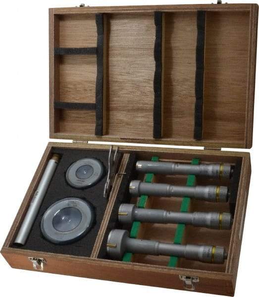 Mitutoyo - 9 Piece, 0.8 to 2", Carbide, TiN Coated, Hole Mechanical Inside Micrometer Set - 0.0002" Graduation, Ratchet Stop Thimble, Includes (2) Setting Rings, Extension & Fitted Plastic Case - Eagle Tool & Supply