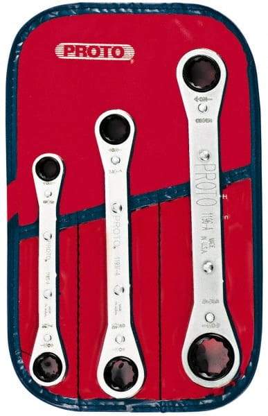 Proto - 3 Piece, 3/8" to 11/16", 12 Point Ratcheting Box Wrench Set - Inch Measurement Standard, Chrome Finish, Comes in Pouch - Eagle Tool & Supply