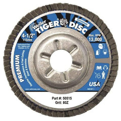 Weiler - 80 Grit, 4-1/2" Disc Diam, 7/8" Center Hole, Type 29 Zirconia Alumina Flap Disc - 13,000 Max RPM, Aluminum Backing, Arbor Attaching System, Coated - Eagle Tool & Supply