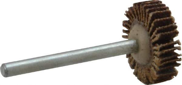Merit Abrasives - 3/4" Diam x 3/16" Face Width, Medium Aluminum Oxide Coated Mounted Flap Wheel - 1/8" Shank Mount, 80 Grit, Cloth Backing, 35,000 Max RPM - Eagle Tool & Supply