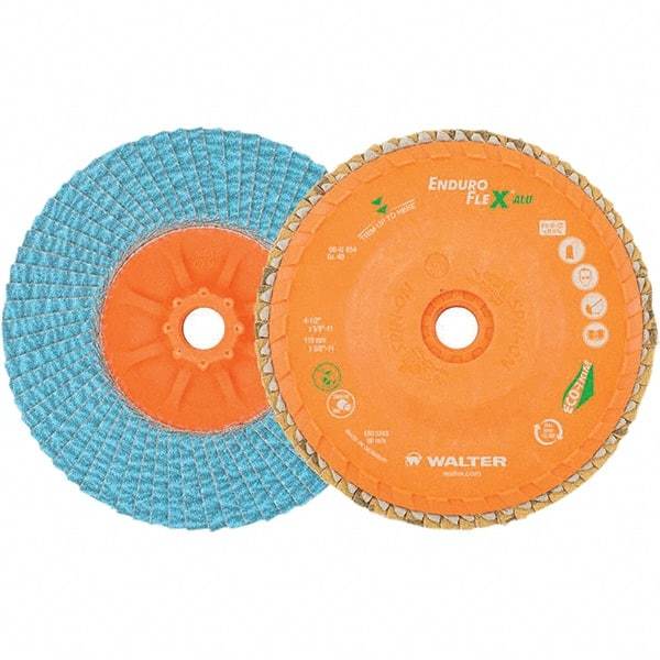 WALTER Surface Technologies - 80 Grit, 4-1/2" Disc Diam, 5/8-11 Center Hole, Type 27 Zirconia Alumina Flap Disc - 13,300 Max RPM, Polyester Backing, Arbor Attaching System, Coated - Eagle Tool & Supply