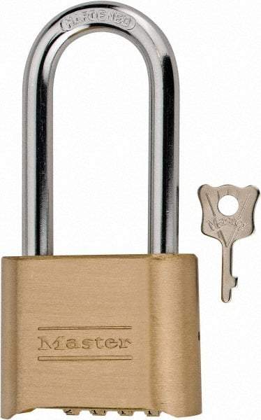 Master Lock - 2" Body Width, 2-1/4" Shackle Clearance, Solid Brass Combination Lock - 5/16" Shackle Diam, 1" Shackle Width - Eagle Tool & Supply