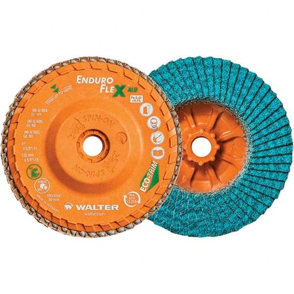 WALTER Surface Technologies - 40 Grit, 5" Disc Diam, 5/8-11 Center Hole, Type 27 Zirconia Alumina Flap Disc - 12,200 Max RPM, Polyester Backing, Arbor Attaching System, Coated - Eagle Tool & Supply