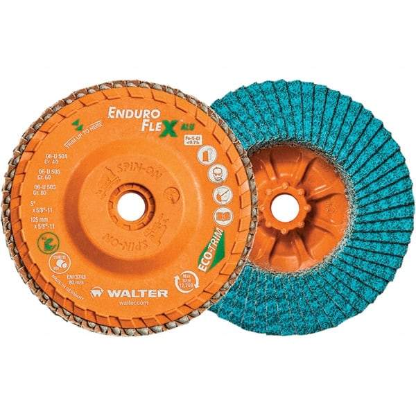 WALTER Surface Technologies - 80 Grit, 5" Disc Diam, 5/8-11 Center Hole, Type 27 Zirconia Alumina Flap Disc - 12,200 Max RPM, Polyester Backing, Arbor Attaching System, Coated - Eagle Tool & Supply