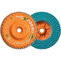 WALTER Surface Technologies - 60 Grit, 5" Disc Diam, 5/8-11 Center Hole, Type 27 Zirconia Alumina Flap Disc - 12,200 Max RPM, Polyester Backing, Arbor Attaching System, Coated - Eagle Tool & Supply