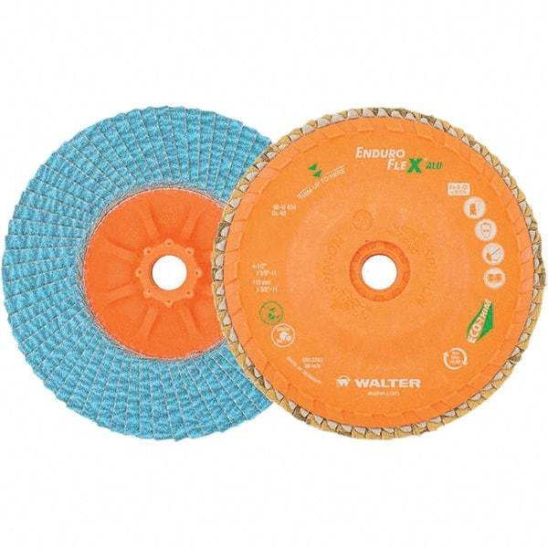 WALTER Surface Technologies - 40 Grit, 6" Disc Diam, 5/8-11 Center Hole, Type 27 Zirconia Alumina Flap Disc - 10,200 Max RPM, Polyester Backing, Arbor Attaching System, Coated - Eagle Tool & Supply