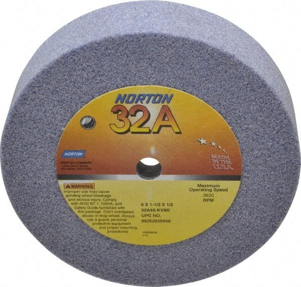 Norton - 6" Diam, 1/2" Hole Size, 1-1/2" Overall Thickness, 46 Grit, Type 6 Tool & Cutter Grinding Wheel - Coarse Grade, Aluminum Oxide, K Hardness, Vitrified Bond, 3,820 RPM - Eagle Tool & Supply